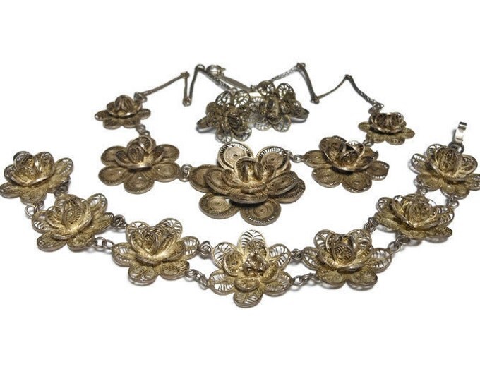 Mexico silver necklace, bracelet and earrings set, filigree parure floral link choker, link bracelet and screw back earrings