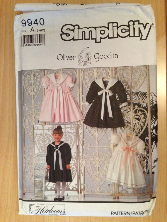 Simplicity 9940 Sewing Pattern 90s Girls Dress and Embroidery Transfers Uncut Size 2-6x