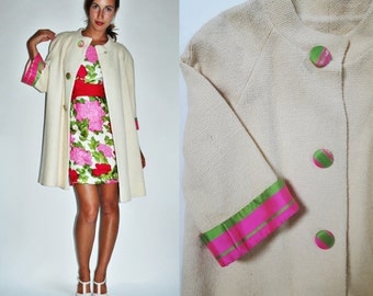 1960s Wool Early Spring Cream Swing Coat with Pink / Green