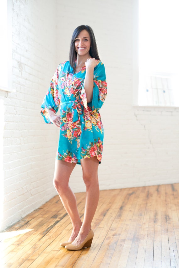 Turquoise Satin Floral Robe