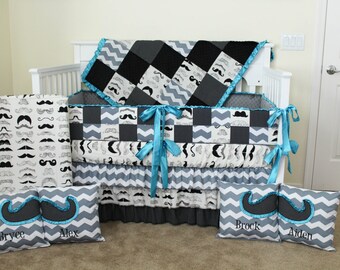 Custom Aqua Mustache Crib Set