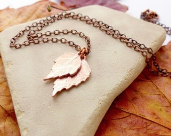 Autumn Leaves Copper Necklace - Birch Leaf Pendants on Copper Chain - Copper Leaf Jewelry - Woodland Jewellery - Rustic Necklace
