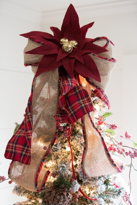 Burlap and Plaid Bow with Bells Tree Topper