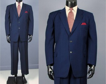 Vintage Suit -- 1950's Men's Blue Wool Multi Dot Stripe Two 2 Piece Suit -- Trousers and Jacket -- Size 42/43 Short