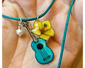 Aqua Ukulele Necklace with Yellow Hibiscus and Pearl Necklace