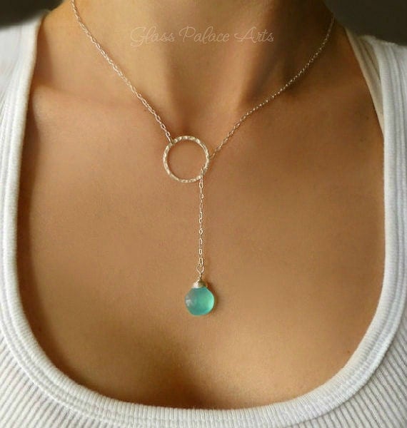 Silver Lariat Necklace Aqua Chalcedony by GlassPalaceArts on Etsy