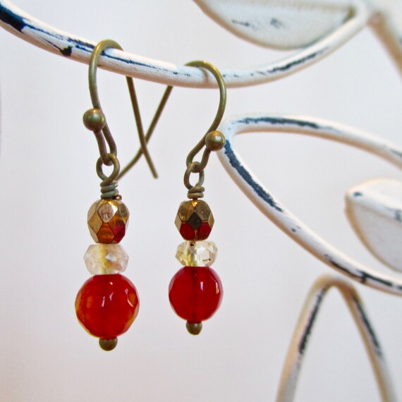 Fire Crackle Agate Citrine and Antiqued Brass Drop Earrings