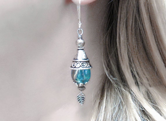 Bohemian Lantern Style Earrings -  Iridescent Aqua Earrings, Vintage Silver Earrings, Dangle Earrings, Gypsy Earrings, Boho Chic Earrings