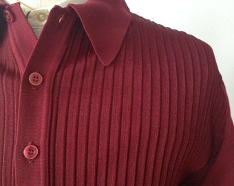 Vintage 1960s Burgundy Ban Lon Italian Knit Style Shirt Size Medium