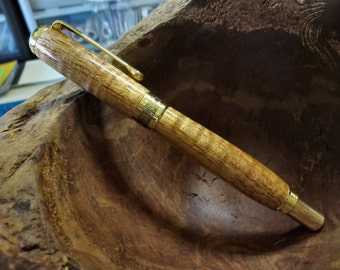 Curly Koa Rollerball Pen, Greek Scroll Work Detail Olympus Style Postable, 24 kt Gold Plated, Maple Box