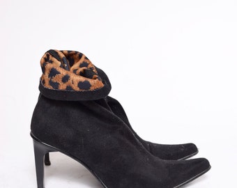 Vintage 90's Black Sock Boots with Leopard Lining
