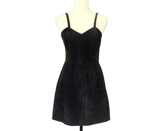 Black Suede Mini Dress - 80s Bodycon Rock Leather Mini - Fitted Black Leather Mini Dress - Soft Chamois Little Black Dress - Sundress
