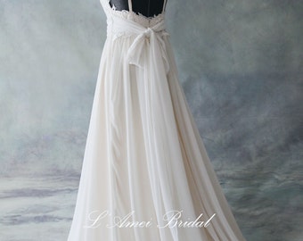 Romantic Backless Light Champagne Boho Lace Wedding Dress Great for Beach Wedding- AM 7040020