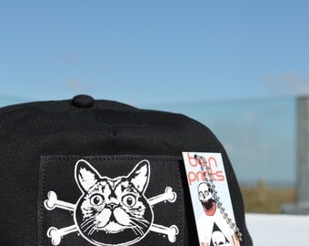 Cat Crossbones Snapback Cap. Snapback Hat in Khaki Black Or Blue