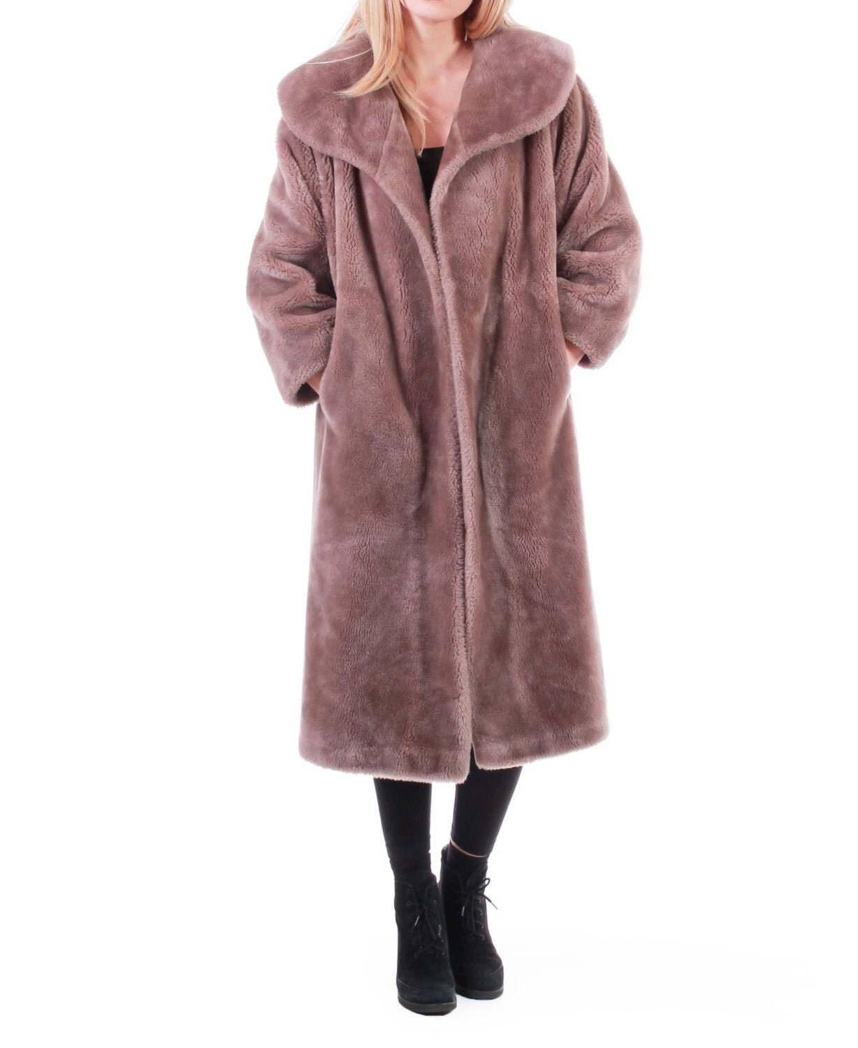 80s Vintage Faux Long Fur Coat Thick Warm Plush Tan Taupe