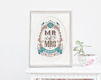 Mr & Mrs - Customisable Wedding Cross Stitch Pattern (Digital Format - PDF)