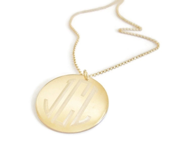 Large Gold Round Monogram Necklace, Personalized Long Pendant Necklace, Gold Engraved Monogrammed Necklace, Long Monogram Necklace