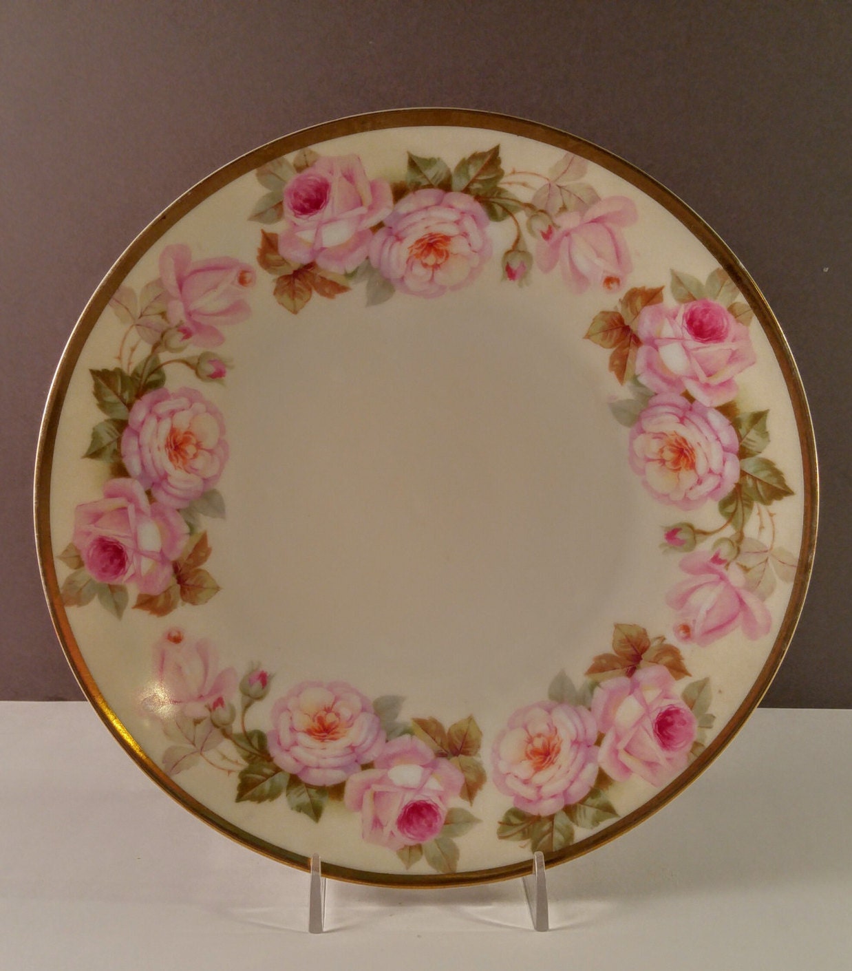 Vintage Turin Bavaria Decorative Plate. Pink Roses & Gold