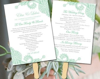 Lace Wedding Program Fan Template - Spearmint Wedding Program Printable - Order of Service "Luna Lace" Order of Ceremony Instant Download