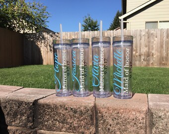 Personalized Bridesmaid Tumbler // Bridal Party // Bridesmaid Gift, Wedding Skinny Tumblers Acrylic tumbler straw // maid of honor matron