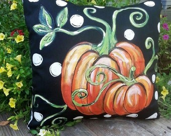 Patio Furniture Fall Pillows, Fall Pillow Covers, Orange Pumpkin and Vines, Fall Pumpkin Pillows, Porch Decor, Black, Pillow Cover