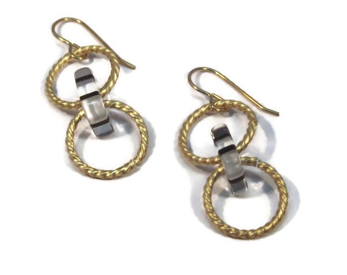 Black & White Cane Glass Dangle Drop Earrings, OOAK, One of a Kind, Nickle Free Brass Ear Wires