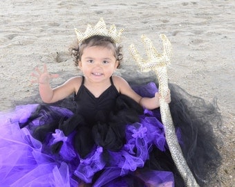 Sea Witch Ursula Little Mermaid Inspired Girls Purple and Black Bustle High Low Train Extra Fluffy Petti Tutu with Gold Crown and Trident