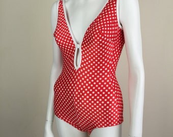 red & white checked swimsuit w/ keyhole detail 60s