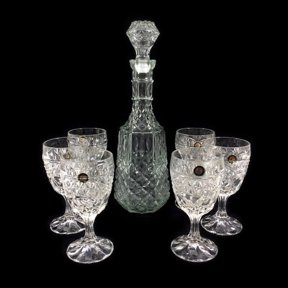 Vintage 24 Lead Crystal Wine Decanter Set With 6 Wine 0883