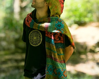 Hoodie Scarf - Gypsy Wool Kashmiri Hoddie Scarf Bohemian Hippie Style Tribal Stylish Warm Scarf Men Festival Rave Doof Tribal Pattern
