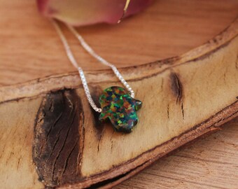 Hamsa opal choker necklace / Black opal necklace / Fatima Hand charm pendant / Sterling Silver Box Chain / Kabbalah Evil Eye Protection