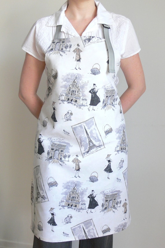 White Womens Apron - Paris, Adjustable Apron, Kitchen Apron, Hostess ...