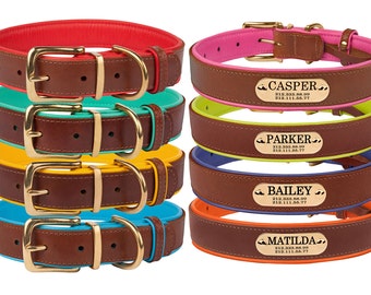 Brass Buckle Leather Dog Collar Personalized Nameplate OPTIONAL Laser Engraved ID Small Medium Large Soft Padded