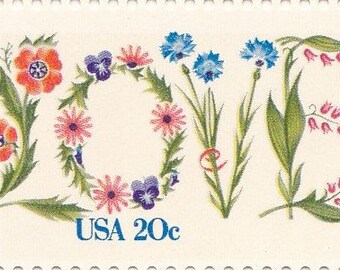 Qty of 10 Love .20 cent unused 1982 vintage postage stamps, These stamp are in excellent, unused, unhinged condition.