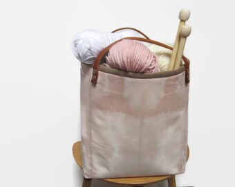 Fabric basket, Fabric bin, Shibori fabric bin, Shibori fabric basket, with genuine leather handles and metal hardware, Sewing and Knitting