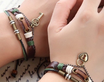 Leather Couples Bracelet, Boyfriend Gift, Girlfriend Gift, Heart Lock and Key, Anniversary Gift, Birthday Gift CP-367