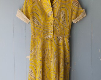 Vintage 60s Summer Dress/Cotton Gauze/Yellow/White Collar/