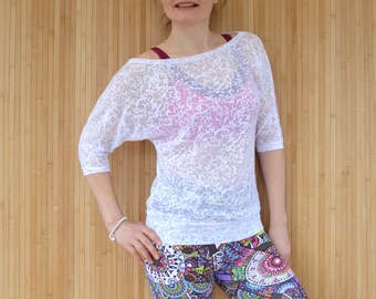 White Yoga Top, Women's Yoga T-shirt, White Burnout Jersey Tee, Loose Slouchy Top, Womens Activewear, Off The Shoulder Top