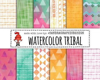 Tribal digital paper: "TRIBAL WATERCOLORS" with tribal patterns made with watercolor paint, large set, 24 files (1247)