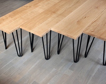 Bench in solid oak and steel hairpin legs