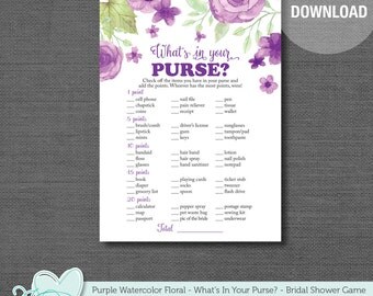 Bridal Shower What's In Your Purse Game, Bridal Shower Game, Purple Watercolor Floral, Printable Bridal Game, Flowers, Instant Download,007A