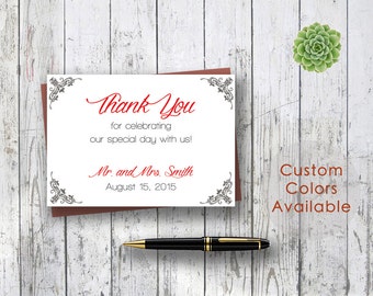 Printable Wedding Thank You Card PDF - Elegant Black Floral Damask Wedding Thank You (Your Choice in Colors!) (5 X 3.5 Folded)