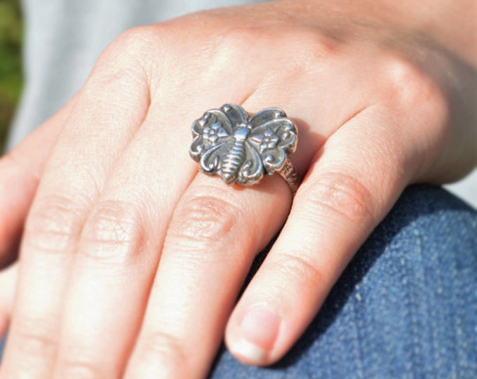 Butterfly Ring, Statement Ring, Sterling Silver Ring, Boho Butterfly Ring, Butterfly Jewelry, Floral Butterfly, Sturdy Ring, Bohemian Ring