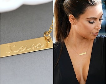 14k Gold Bar Necklace, Gold Bar Necklace Personalize, Initial Bar Necklace, Horizontal Bar, Engraved, Customized