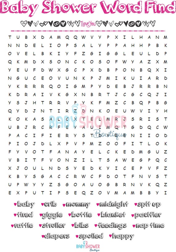 Baby Shower Word Find / Word Search PINK Fun Detailed and