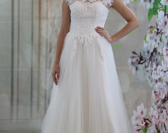 Boat neckline V-back bridal gown, lace applique a-line wedding dress