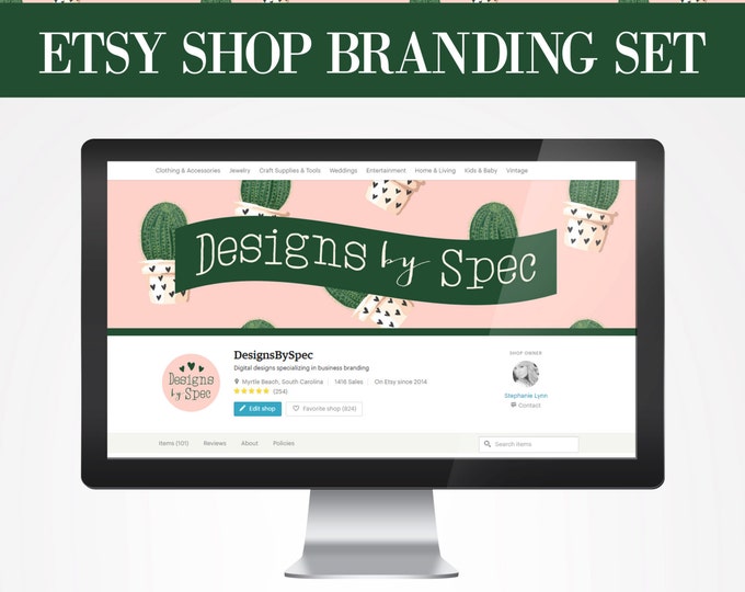 NEW Cute Pink Cactus Etsy Shop Branding Set --- Etsy Shop Branding, Small Business, Etsy Banner and Graphics