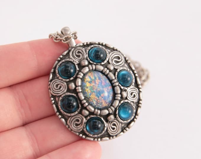 Large Vintage Pendant Silver Blue Necklace Blue Fire Opal Sapphires Gemstone Imitation Signed MIRACLE Necklace On Chain Fashion Necklace
