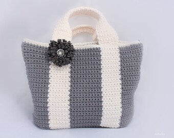 Crochet simple tote bag pattern, Bicolor bag Crochet purse pattern, shopping bag, summer bag, handbag, Instant download, gray and white tote
