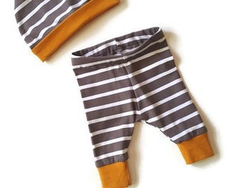 Baby boy clothes, trendy boy, baby boy leggings, baby pant and hat set, baby boy gift, mustard and grey baby boy, trendy toddler, new baby